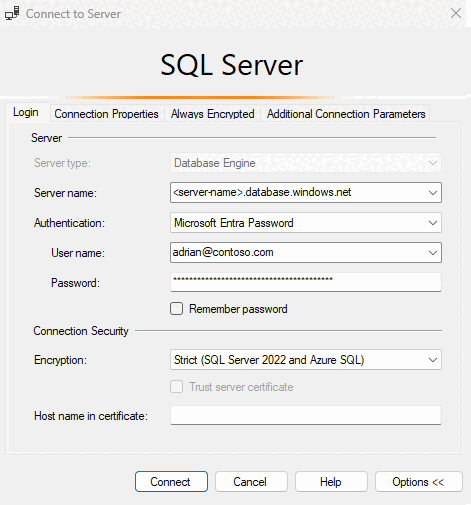 Captura de pantalla de SSMS mediante la autenticación de contraseña de Microsoft Entra.