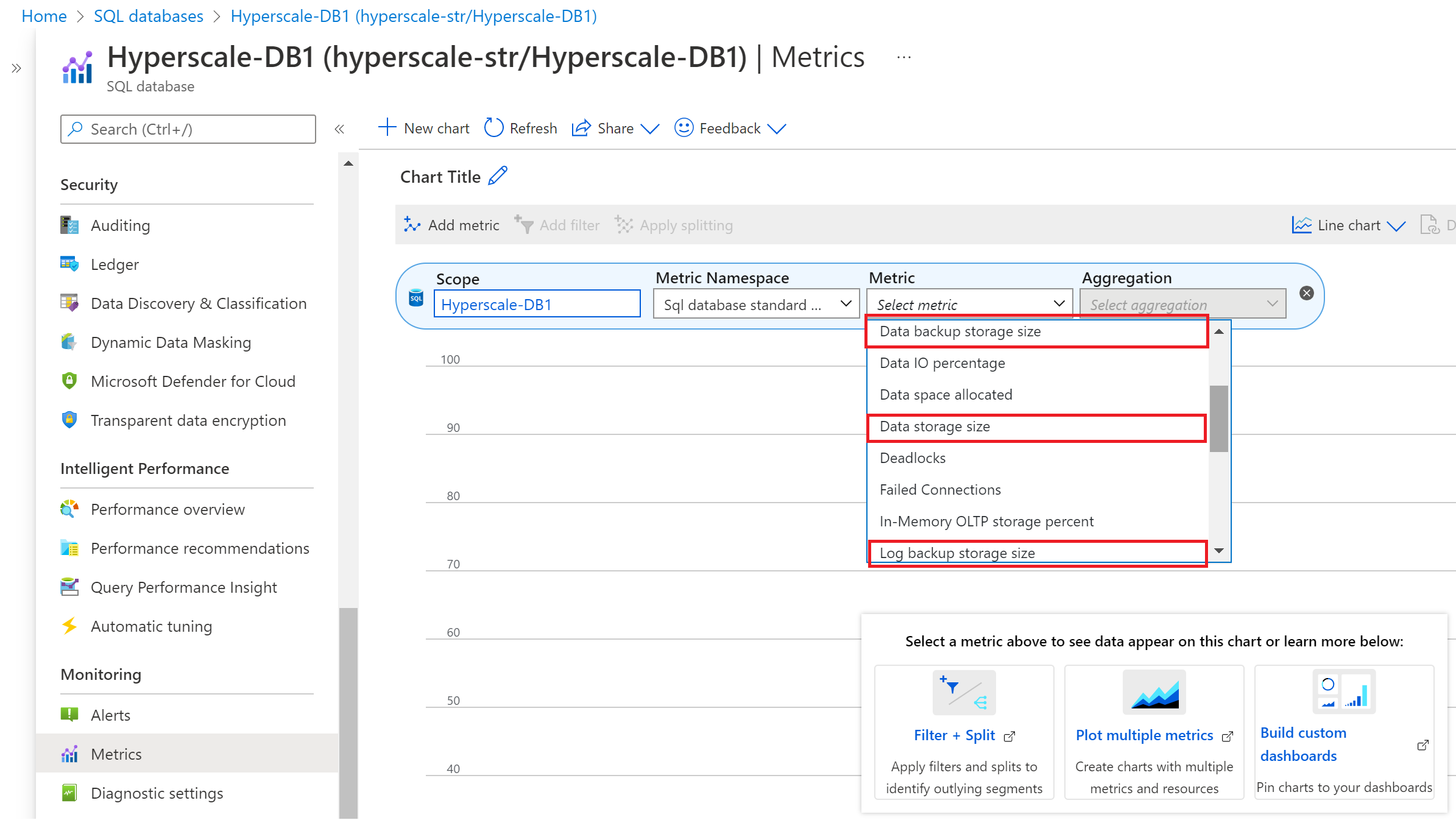 Captura de pantalla de Azure Portal que muestra selecciones para ver el consumo de almacenamiento de copia de seguridad de Hiperescala.