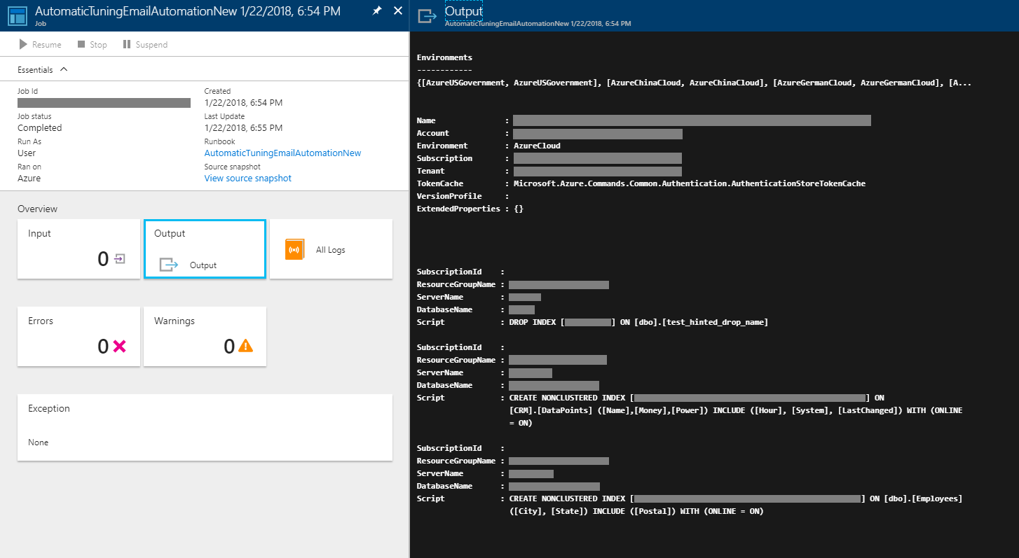 Ejecutar vista de recomendaciones de ajuste automáticas con Azure Automation