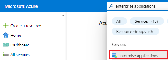 Captura de pantalla de la búsqueda de aplicaciones empresariales en Azure Portal.