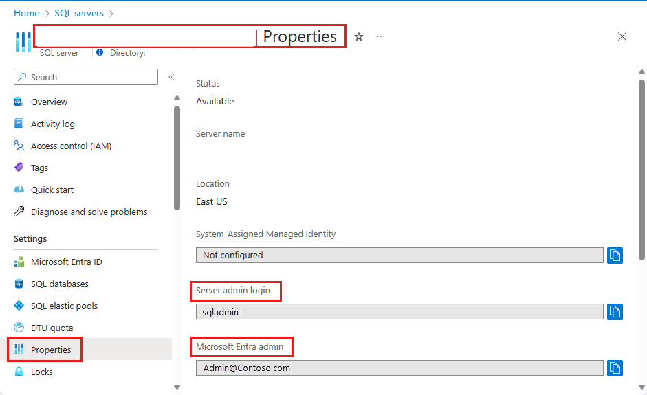 Captura de pantalla que muestra la página Propiedades de SQL Server donde puedes obtener los valores de inicio de sesión de administrador del servidor y los valores de administrador de Microsoft Entra.