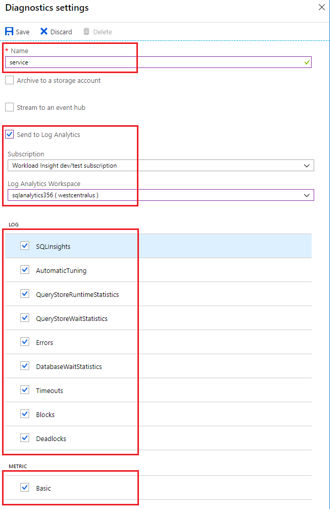 Configuración de diagnósticos en Azure SQL Database.