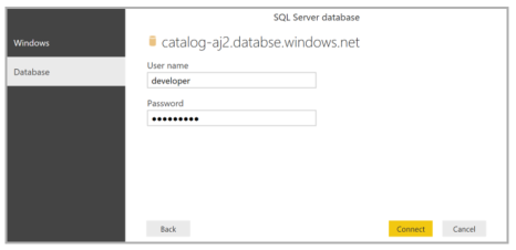 En la captura de pantalla se muestra el cuadro de diálogo de la base de datos de SQL Server, desde donde puede especificar un nombre de usuario y una contraseña.