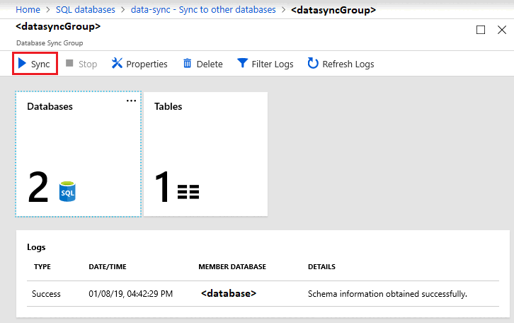 Captura de pantalla de Azure Portal que muestra el botón de sincronización manual de un grupo de sincronización de base de datos.