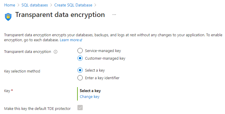 Captura de pantalla de la configuración de TDE para el servidor en Azure SQL.