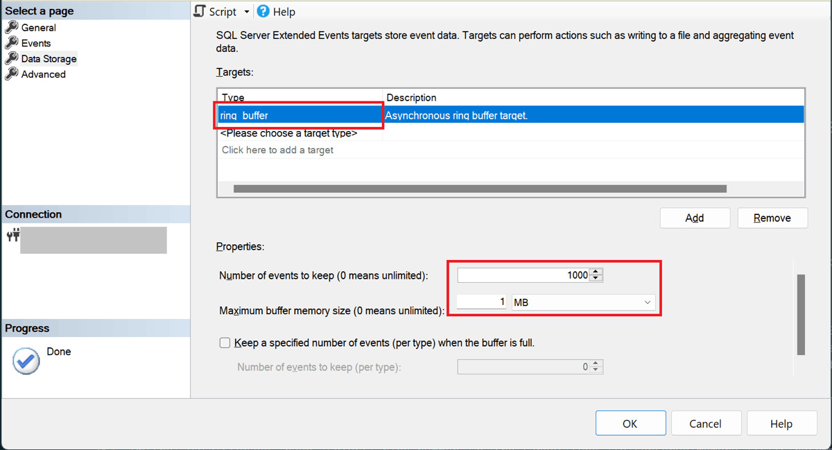 Captura de pantalla del cuadro de diálogo Nueva sesión de SSMS en la que se muestra la página de selección de almacenamiento de datos con un destino de ring_buffer seleccionado.