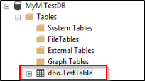 Captura de pantalla del Explorador de objetos en SSMS que muestra la estructura de carpetas de las tablas de MyMITestDB. La carpeta dbo.TestTable se muestra resaltada.