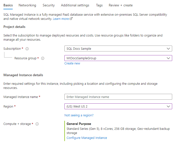 Captura de pantalla de Azure Portal para crear la pestaña de aspectos básicos de SQL Managed Instance