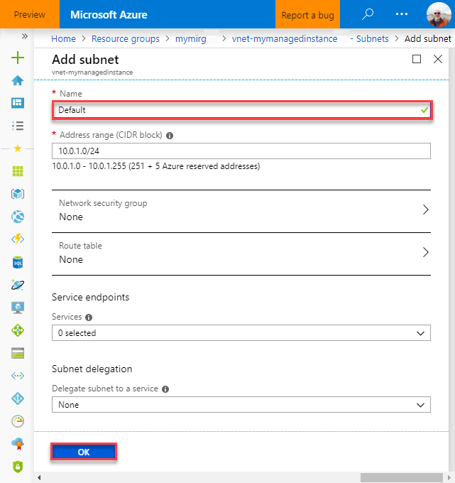 Nueva subred de Instancia administrada de SQL de una VM de cliente