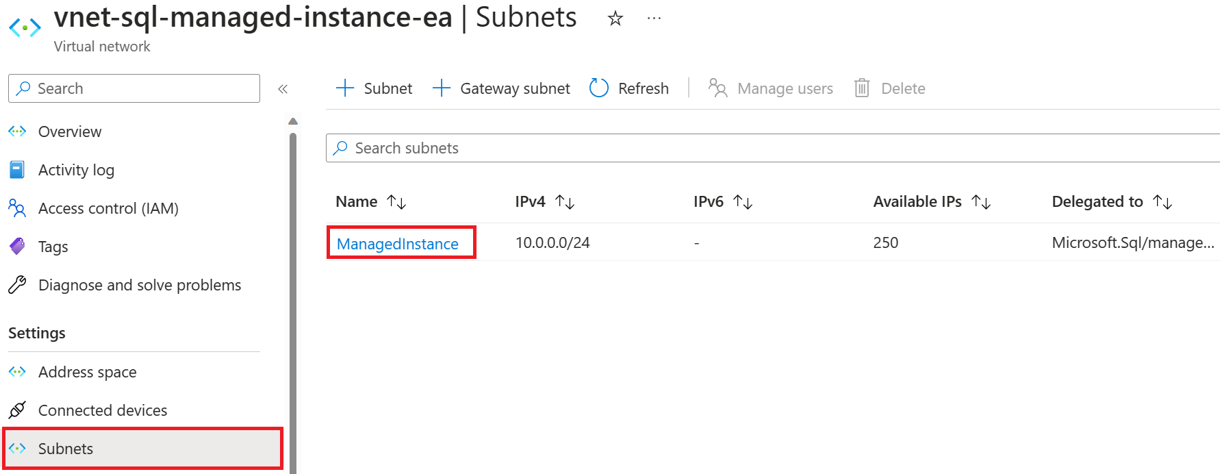 Captura de pantalla de la página Subred de la instancia administrada de SQL de Azure Portal, con la subred seleccionada.