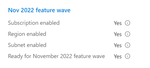 Captura de pantalla que muestra el panel Revisar y crear de Azure Portal, con las opciones de la oleada de características de noviembre de 2022 resaltadas.