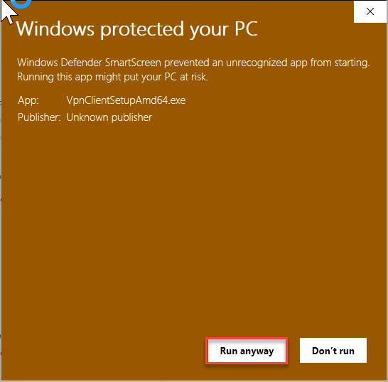 Captura de pantalla de Windows Defender que le pregunta si está seguro de que desea instalar el cliente VPN.