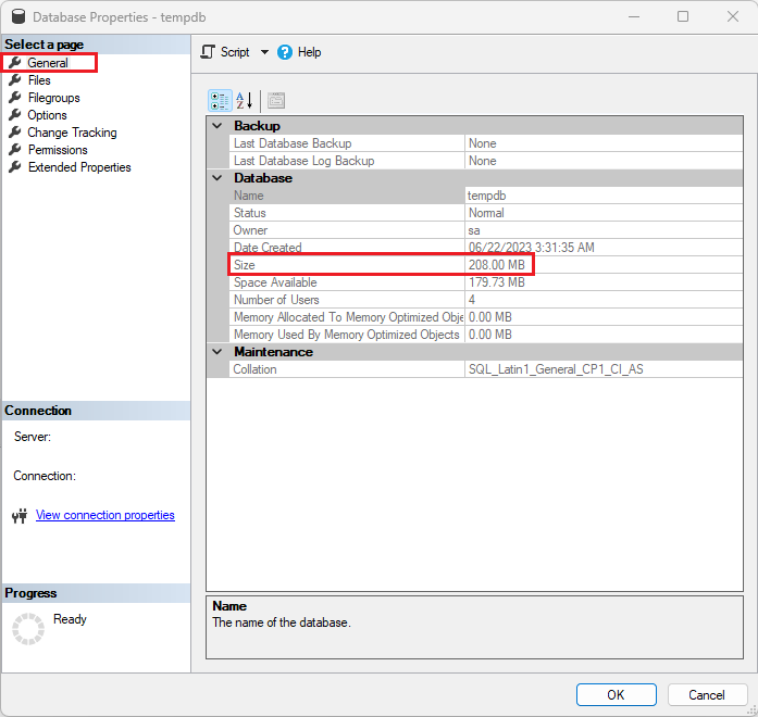 Captura de pantalla de las propiedades de una base de datos de tempdb ue muestran el tamaño máximo para tempdb en SSMS.