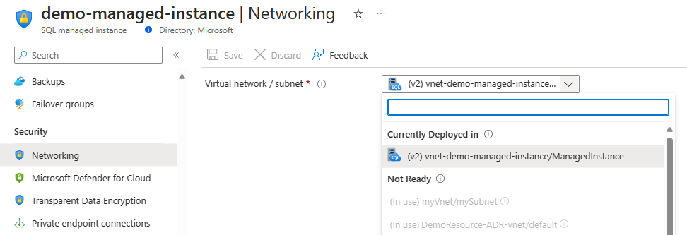 Captura de pantalla de las opciones de subredes de Azure SQL Managed Instance.