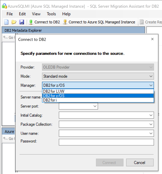 Captura de pantalla que muestra las opciones para conectarse a la instancia de Db2.