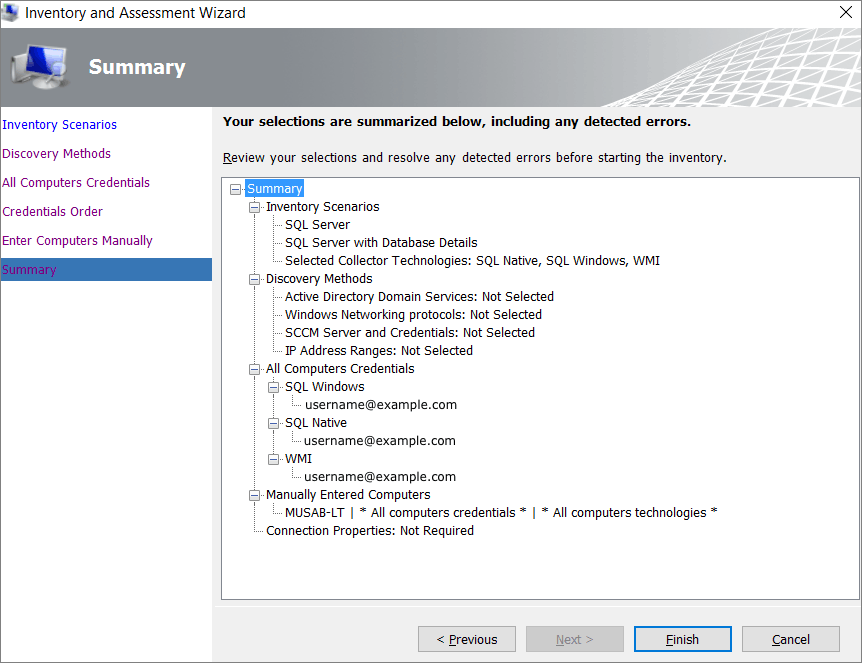 Captura de pantalla que muestra la página de resumen del asistente para el inventario y la evaluación.