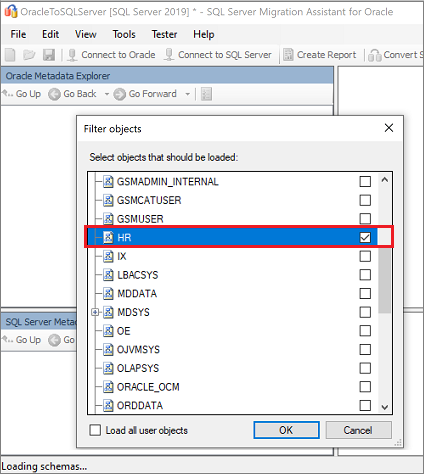 Captura de pantalla que muestra la lista de esquemas de Oracle que se pueden migrar.