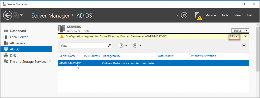 Captura de pantalla de un mensaje sobre cómo configurar un servidor DNS en el panel Administrador del servidor.