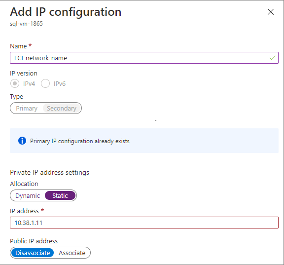 Seleccione + Agregar de nuevo para configurar una dirección IP adicional para el cliente de escucha del grupo de disponibilidad (con un nombre como availability-group-listener),especificando de nuevo una dirección IP sin usar de SQL-subnet-1, por ejemplo, 10.31.1.11