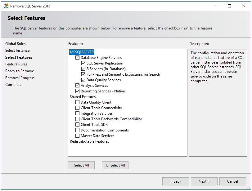 Captura de pantalla que muestra qué características seleccionar para desinstalar SQL Server.