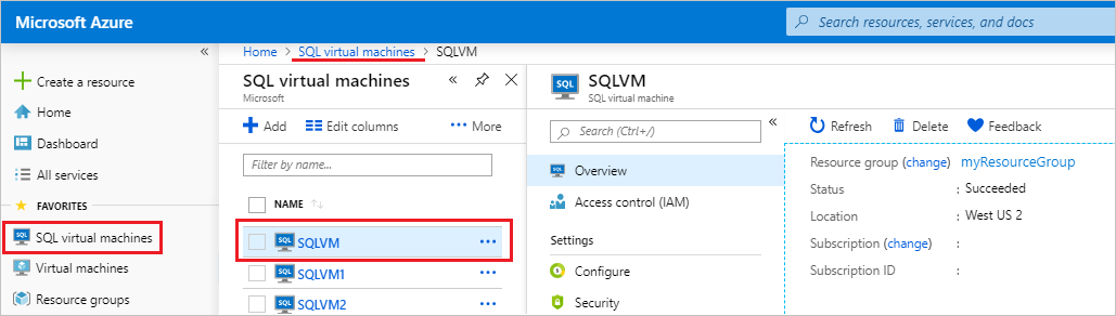 Captura de pantalla de acceso al recurso de máquinas virtuales SQL en Azure Portal.