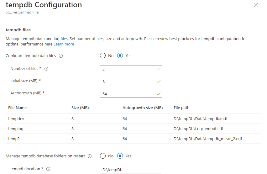 Captura de pantalla de la página de configuración tempdb de Azure Portal de la página de recursos de máquinas virtuales de SQL.