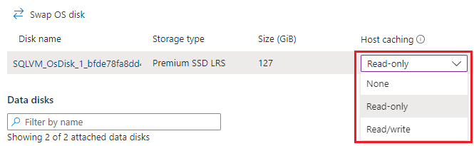 Captura de pantalla que muestra la configuración de directivas de almacenamiento en cache de discos en Azure Portal.