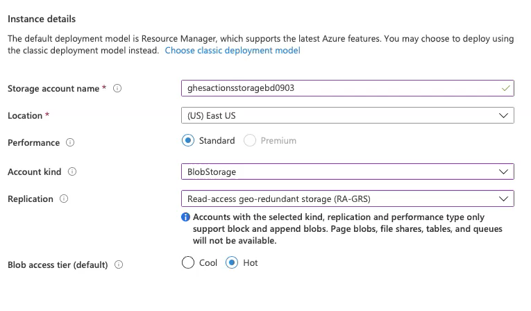 Captura de pantalla que muestra los detalles de la instancia que se especificarán para aprovisionar una cuenta de Azure Blob Storage.