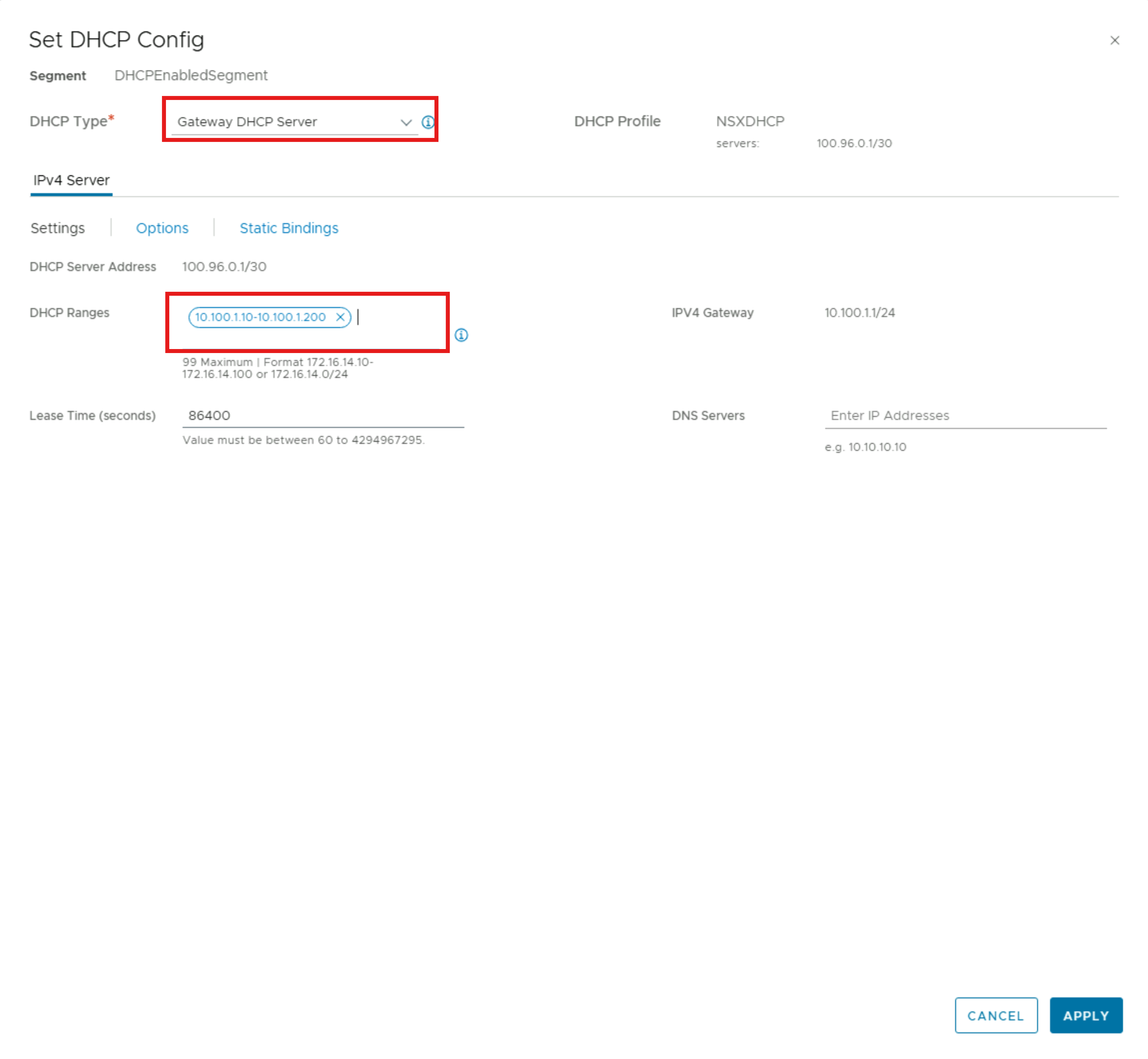 Captura de pantalla que muestra cómo agregar una subred a la puerta de enlace de nivel 1 de NSX para usar un servidor DHCP.