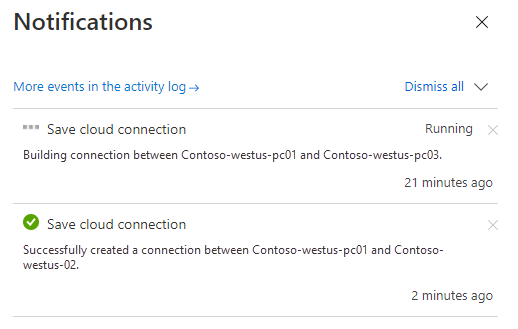 Captura de pantalla que muestra la información de notificación para la conexión en curso y una conexión existente.