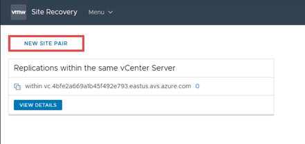 Captura de pantalla en la que se muestra el cliente de vSphere con el botón New Site Pair (Nuevo par de sitios) seleccionado para Site Recovery.
