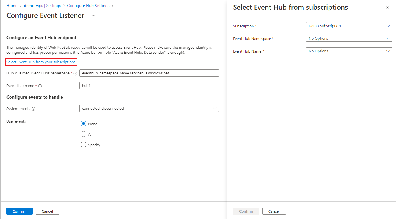 Captura de pantalla de la configuración del agente de escucha de Event Hubs