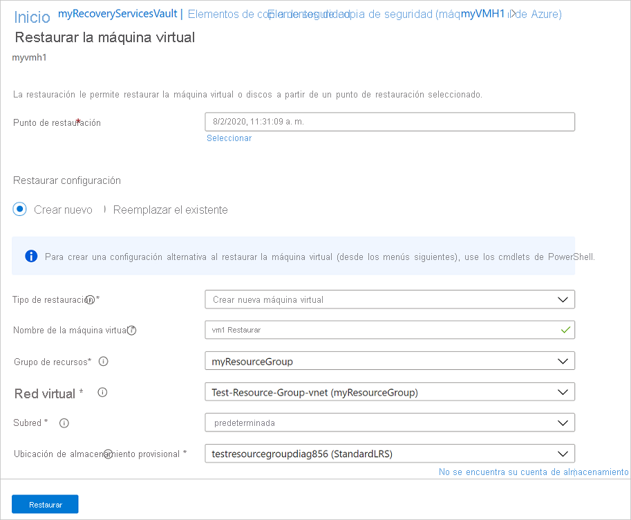 Asistente para restaurar la configuración: elegir opciones de restauración