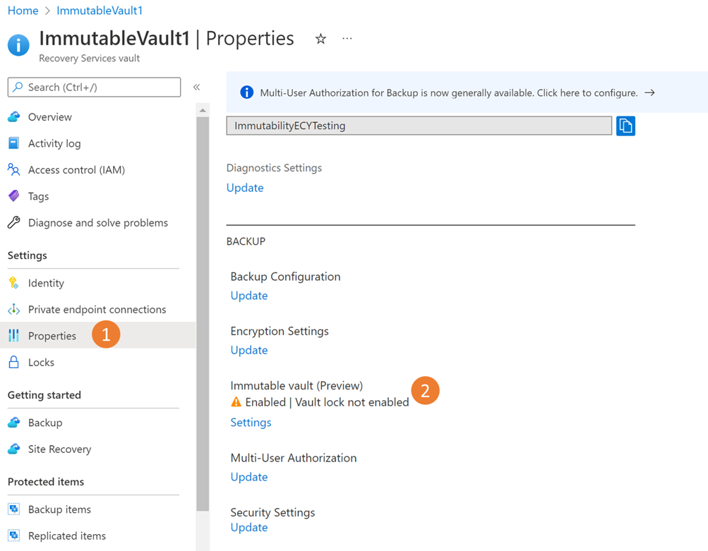 Captura de pantalla en la que se muestra cómo abrir la configuración del almacén inmutable para deshabilitarla.