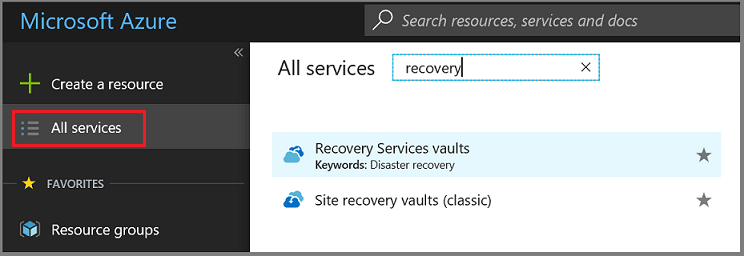 Apertura de la lista de almacenes de Recovery Services paso 1.