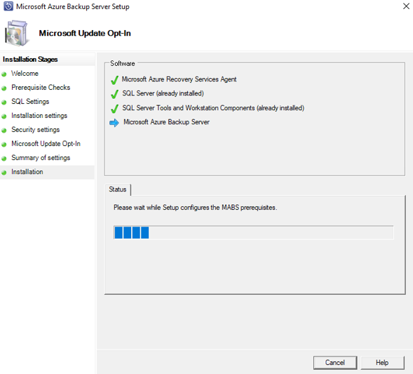 Captura de pantalla que muestra el progreso de la configuración de Azure Backup Server.