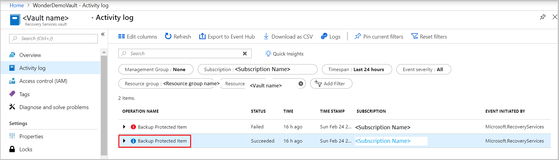 Filtrado para buscar los registros de actividad de las copias de seguridad de máquinas virtuales de Azure