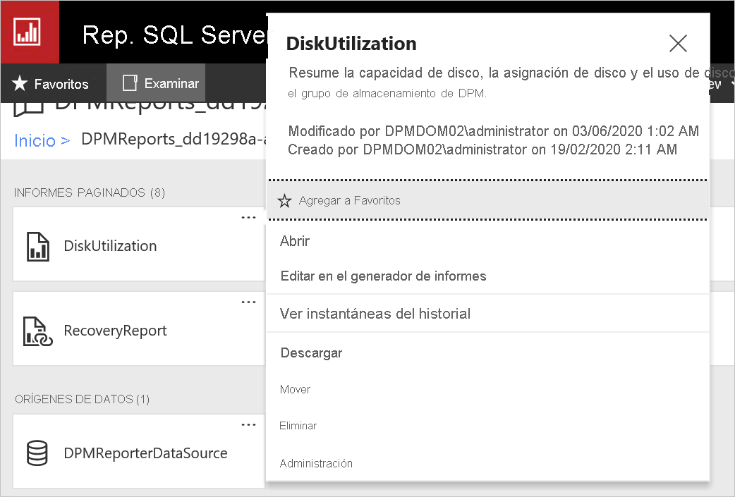 Selección de Administrar para archivos de informe