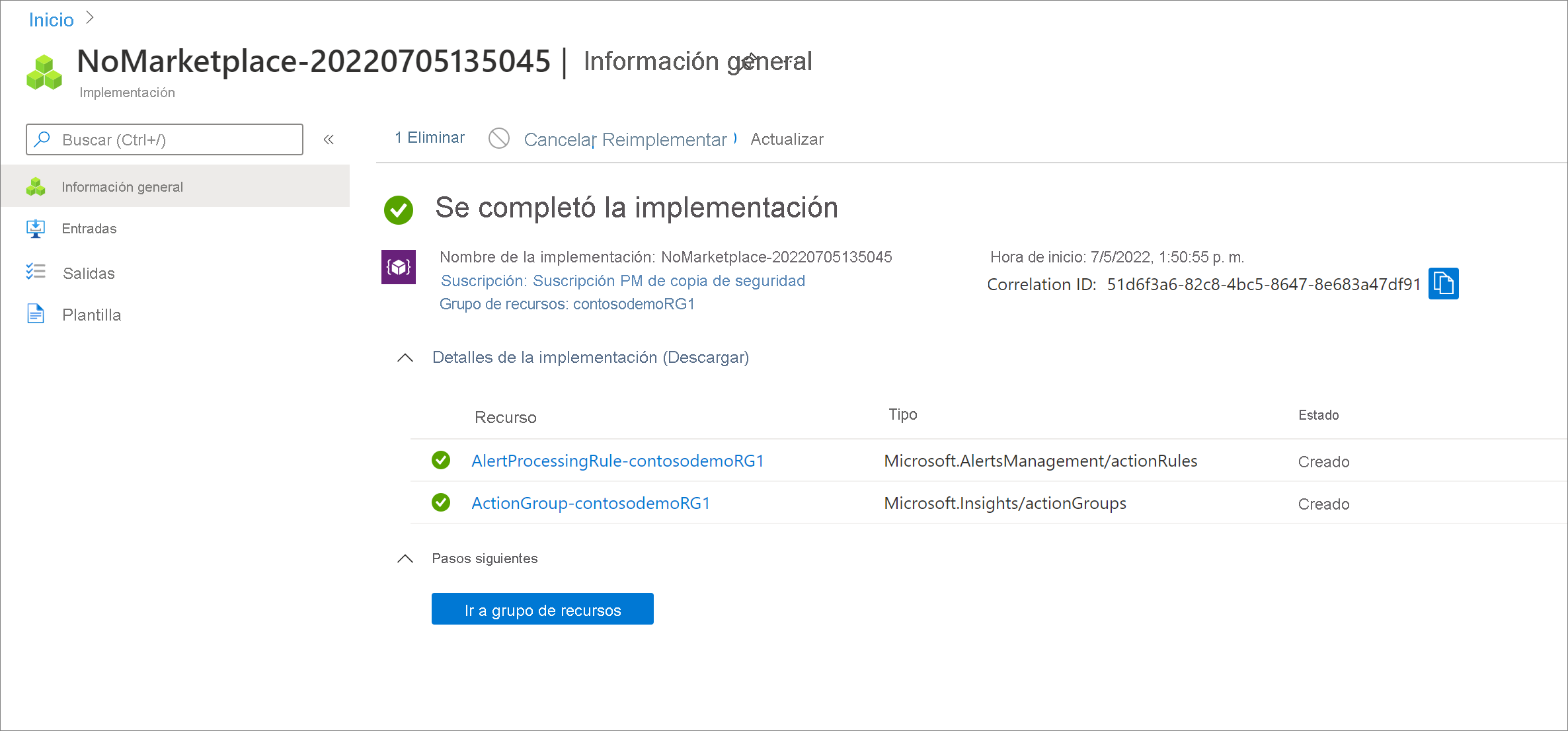 Captura de pantalla que muestra la implementación de las reglas de notificación para las alertas de Azure Monitor.