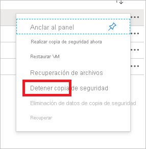 Captura de pantalla que muestra el menú Detener copia de seguridad.