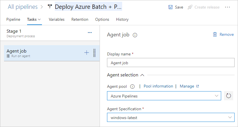 Captura de pantalla que muestra la configuración del trabajo del agente.