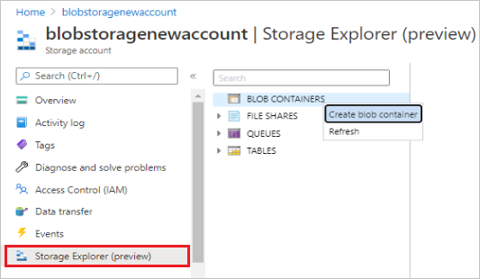 Captura de pantalla de la creación de un contenedor de blobs.