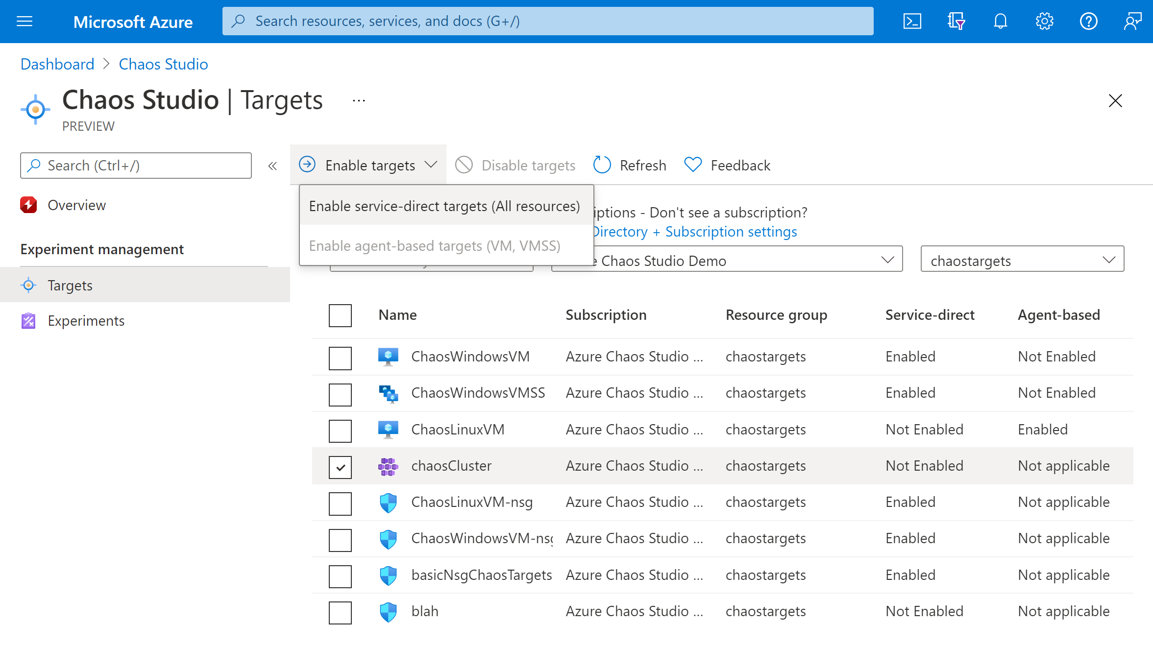 Captura de pantalla que muestra la habilitación de destinos en Azure Portal.