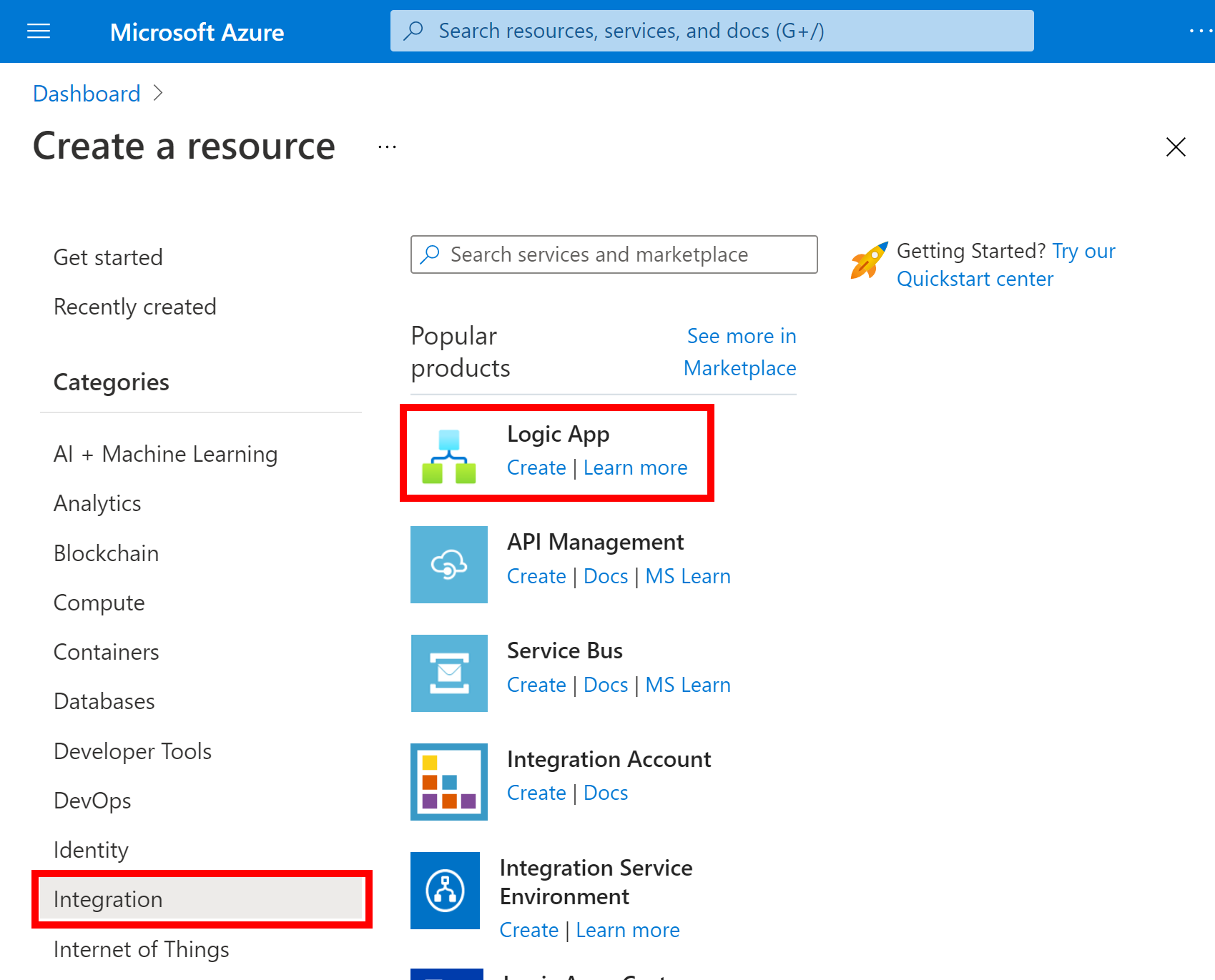 Captura de pantalla que muestra el menú de Azure Marketplace con las opciones Integración y Logic App seleccionadas.