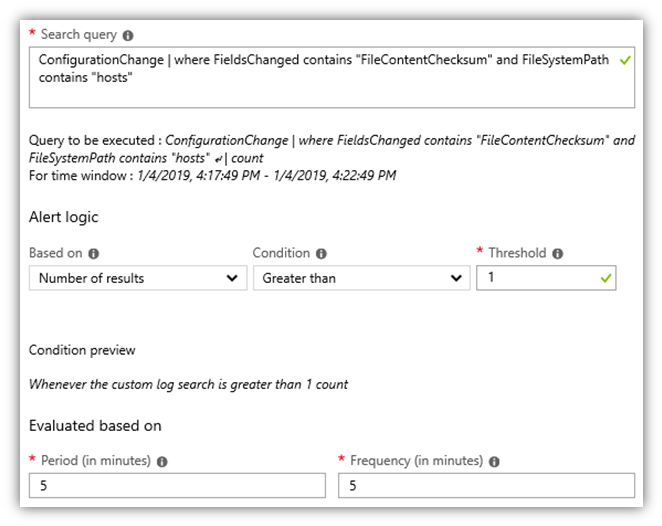 Captura de pantalla del editor de reglas de alertas de Log Analytics en Azure Portal