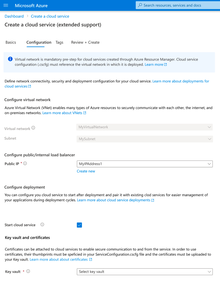 Recorte de pantalla que muestra la pestaña de configuración en Azure Portal al crear una implementación de Cloud Services (soporte extendido).