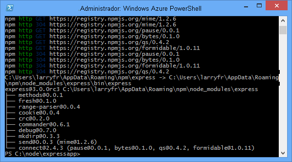 Windows PowerShell muestra la salida del comando npm install express.