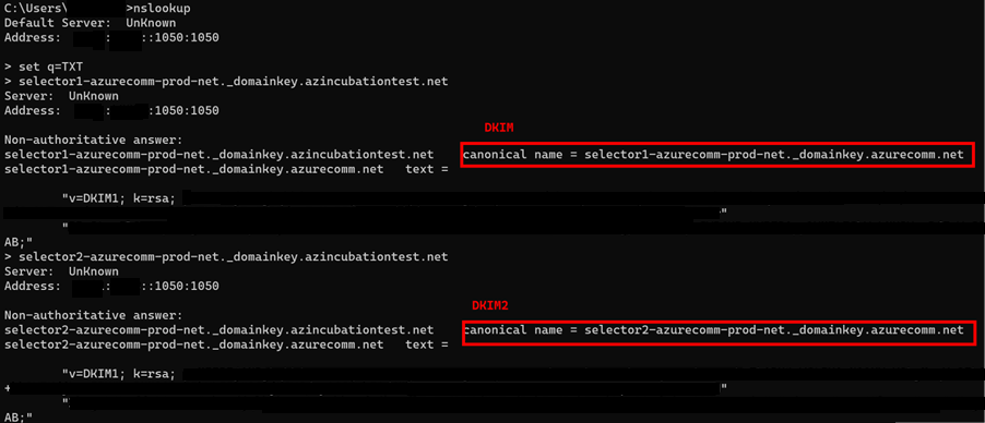 Resultados de una consulta nslookup para leer los registros DKIM de CNAME del dominio personalizado