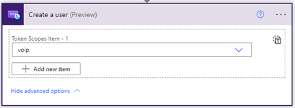 Captura de pantalla que muestra las opciones avanzadas de la acción Crear usuario del conector de Azure Communication Services.