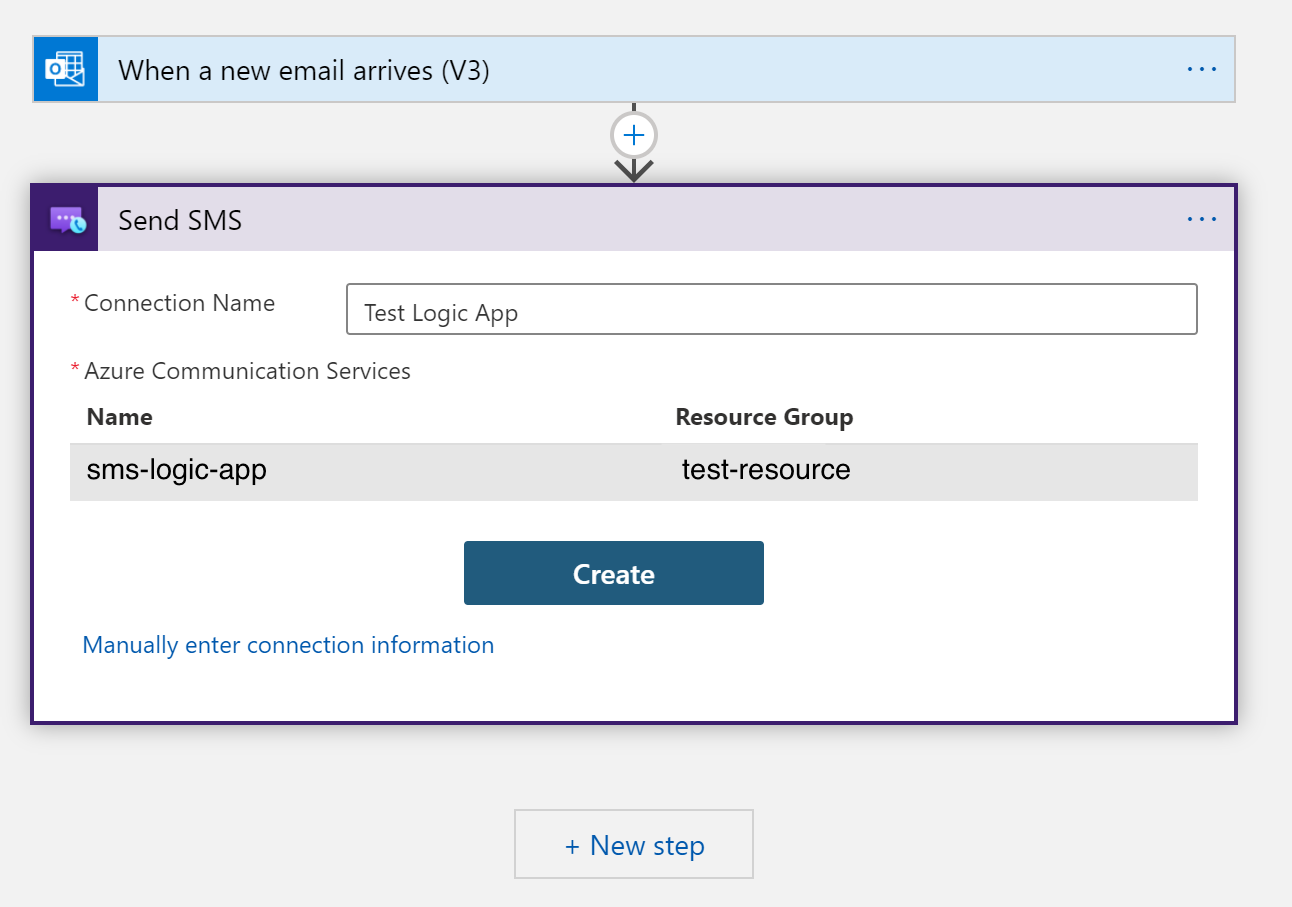 Captura de pantalla que muestra la configuración de la acción Enviar SMS con información de ejemplo.